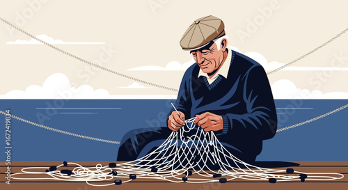 Artistic Illustration Featuring Elderly Gentleman Mending Fishing Net Near Ocean Shoreline