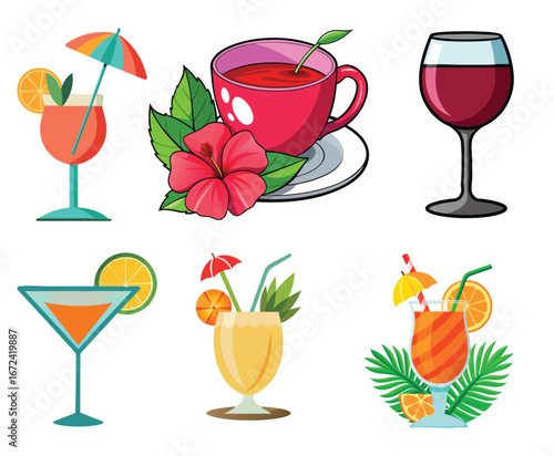 Set of four colorful alcoholic cocktails in different glasses. Hand-drawn watercolor illustration of summer drinks isolated on transparent background.