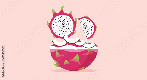 Artistic Illustration Of A Freshly Cut Dragon Fruit With Pink Background