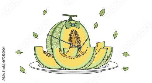 Artistic Illustration Of A Melon, Sliced, With Bow Tie, Served On Plate