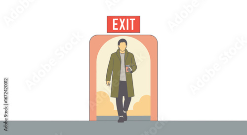 Artistic Illustration Of A Man Exiting A Building With A Mug Of Beverage