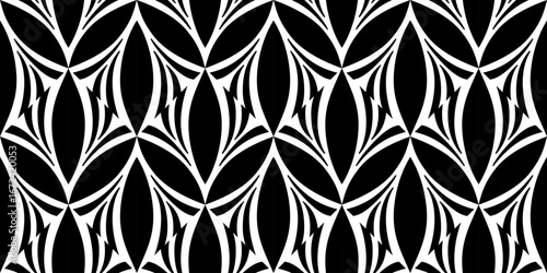 Vector seamless texture pattern. Modern geometric background. Monochrome geometric pattern with abstract leaves. Abstract geometric seamless pattern. Diagonal mosaic tiles
