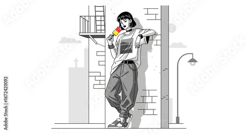 Artistic Illustration Of a Woman Enjoying a Popsicle, Urban Chic Lifestyle