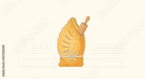 Artistic Illustration Of Wrapped Pastry Holding Rolling Pin, Culinary Concept