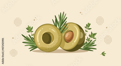 Artistic Olive Slice With Aromatics And A Beige Background: A Food Delight