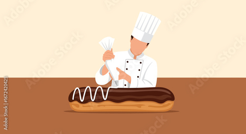 Artistic Pastry Chef Decorating Exquisite Eclair With Beautifully Icing