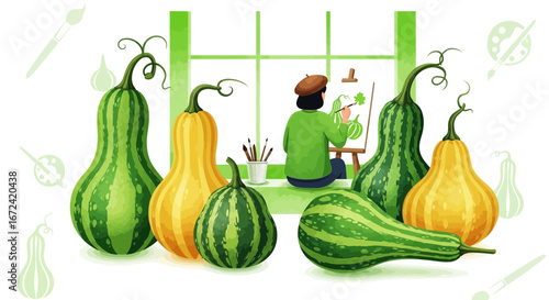 Artistic Painter Creating Pumpkins, Gouache Illustration Of Fall Harvest Scene On Display