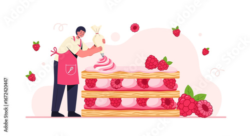 Artistic Pastry Chef Embellishing a Layered Dessert with Exquisite Raspberry Embellishments