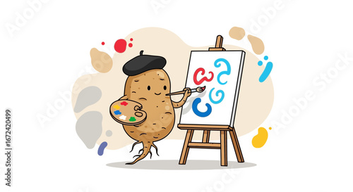 Artistic Potato: A Whimsical Depiction of a Potato Maestro Creating Abstract Artwork