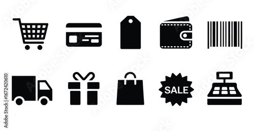 Shopping and retail icon set featuring cart, credit card, price tag, wallet, barcode, delivery truck, gift box, bag, sale badge, register