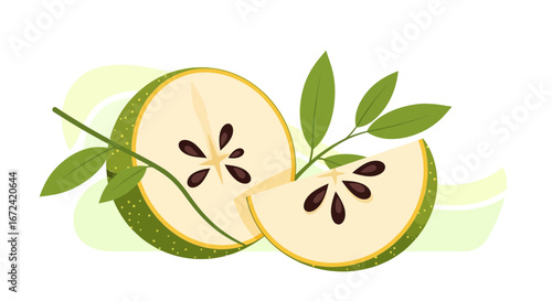 Artistic Representation of Custard Apple Slices with Green Leaves on White Background