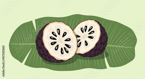 Artistic Representation Of Sliced Custard Apple On Lush Green Leaf Close Up