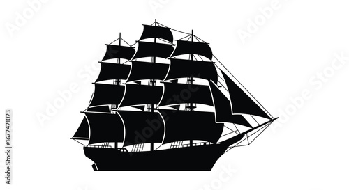 a large black sailboat with many sails on the ocean