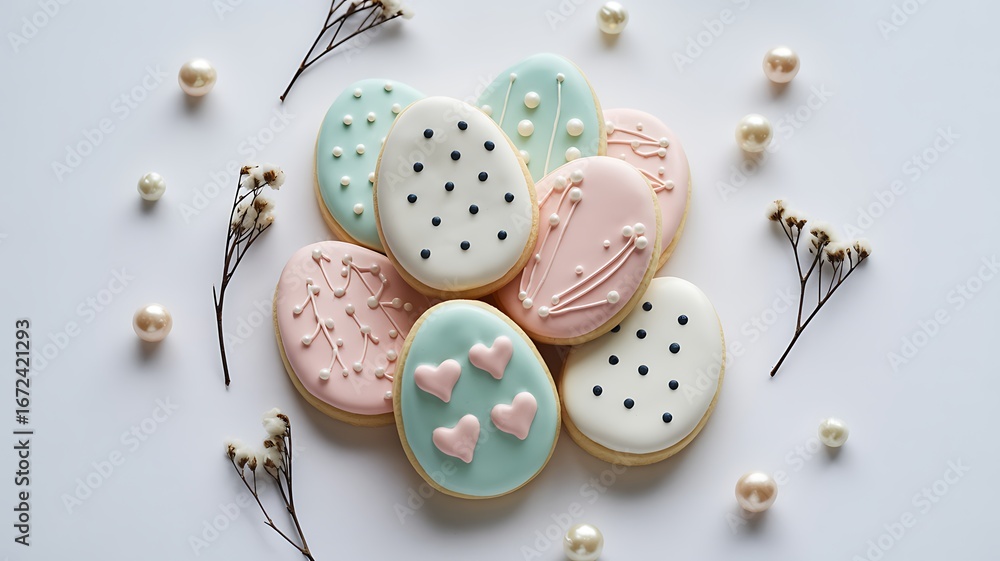 Obraz premium Pastel Easter Egg Cookies with Delicate Designs and Pearl Embellishments on a Clean White Background Perfect for Springtime Celebrations