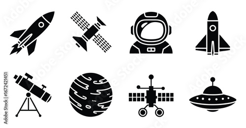 Space exploration icon set featuring rocket, satellite, astronaut helmet, telescope, planet, rover, and UFO in black silhouette style
