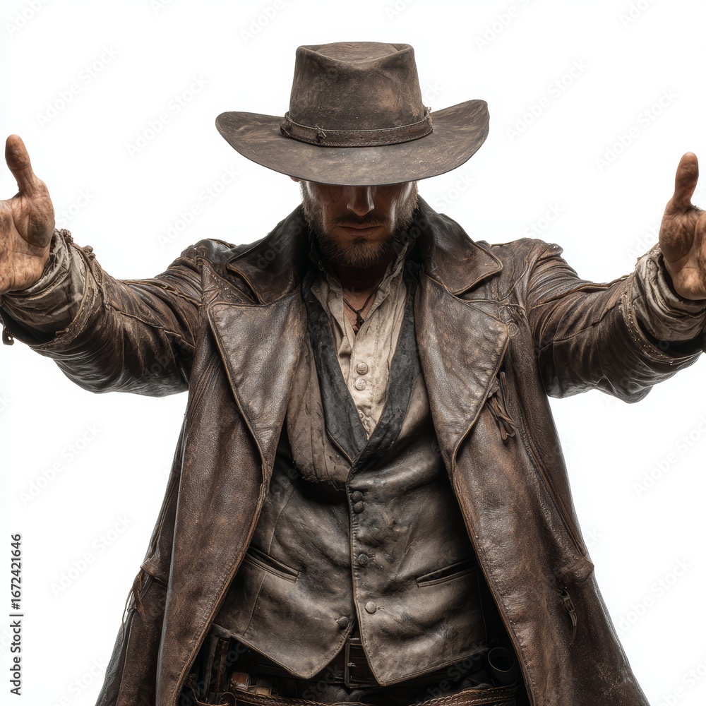 Fototapeta premium A rugged figure in a cowboy hat and weathered coat, embodying the spirit of the Old West, with hands outstretched. The image evokes a sense of determination and resilience