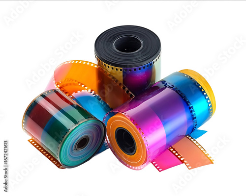 Colorful film rolls and photographic film on a white background isolated