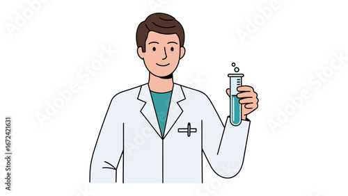 Scientific Discovery in the Lab: A focused lab scientist, clad in a crisp lab coat, holds up a test tube of liquid, symbolizing innovative scientific study.