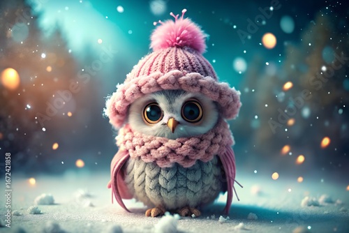 Adorable owl wearing a pink hat sitting in the snow during winter time