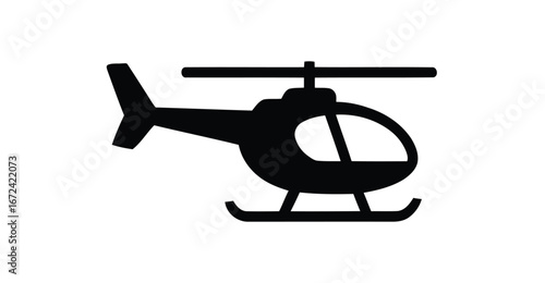 Black silhouette of helicopter icon with rotor blades, tail boom, and landing skids—ideal for aviation, transport, and UI design themes