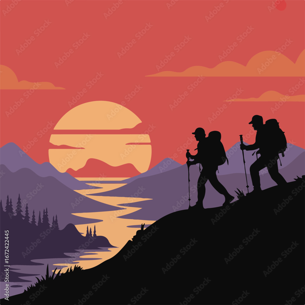 Fototapeta premium Mountain Hiking at Sunset (Focuses on the activity and setting)