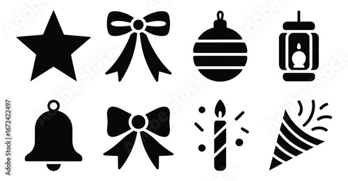 Festive holiday icon set featuring star, bow, ornament, lantern, bell, candle, party popper, and gift—perfect for seasonal celebrations