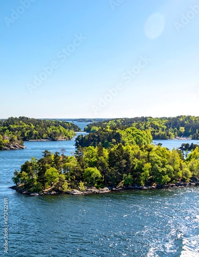 Lush islands in a vibrant blue bay