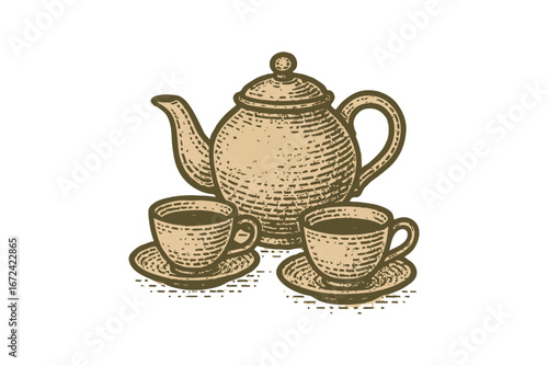 Teapot and Cups Illustration, vector Illustration
