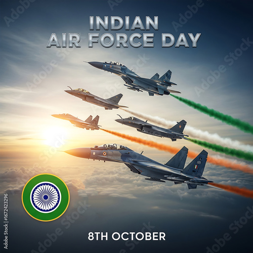 Indian air force day celebration with fighter jets flying in formation