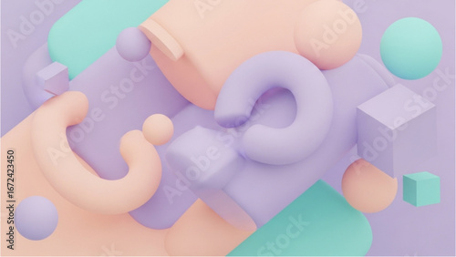 Pastel toned geometric shapes including spheres cubes and torus floating in space with soft lighting effect