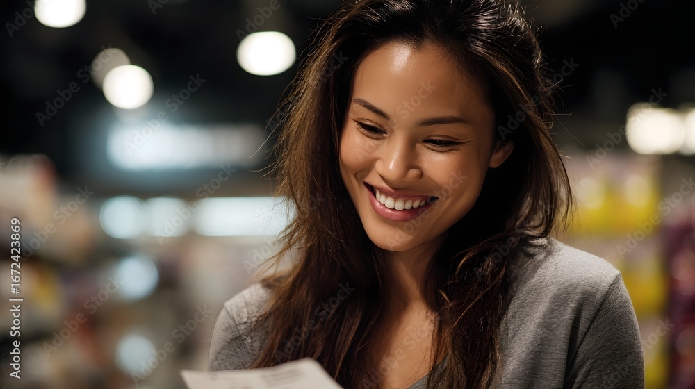 Obraz premium Excited young woman smiling with shopping receipt in hand