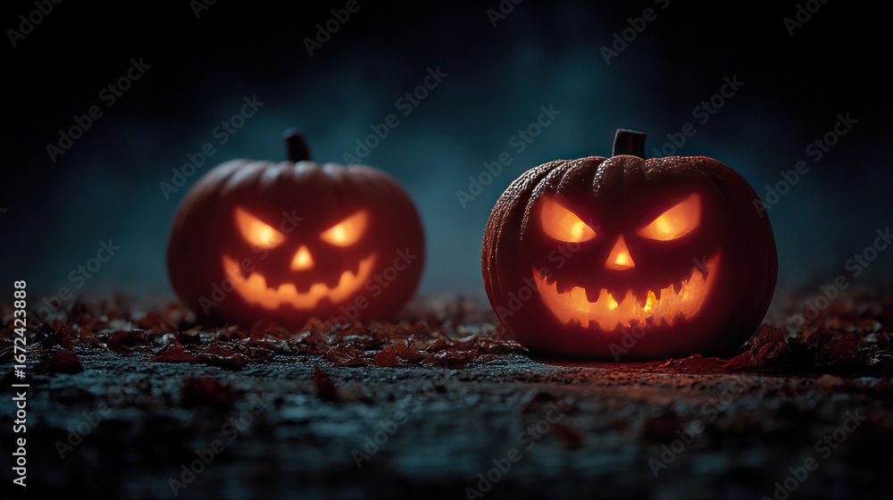 Fototapeta premium Jack O' Lantern eyes glowing in the dark with Halloween decorations