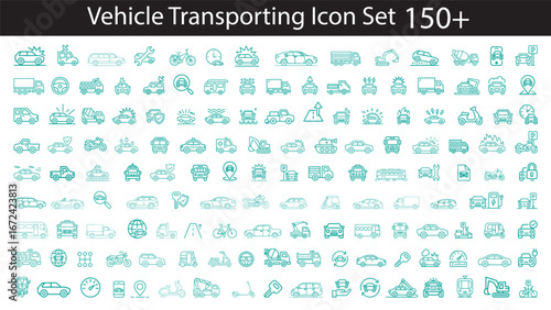 Transportation vehicle line icons. Containing car, bike,  train, bicycle, motorbike, bus and scooter icons. Transport symbol. Vector illustration.