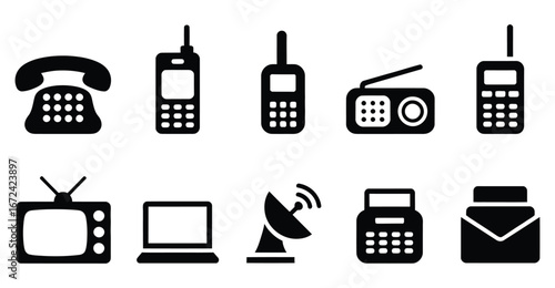 Communication technology icon set featuring rotary phone, mobile phones, radio, TV, laptop, satellite dish, fax machine, and envelope