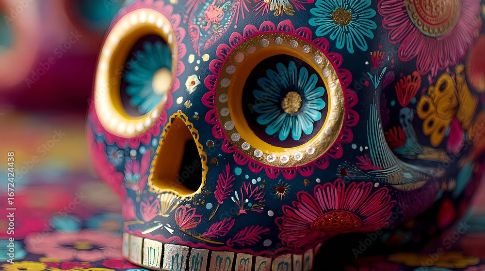 Fototapeta premium Close up of a human eye with detailed and colorful Day of the Dead face paint. Traditional Catrina style makeup with vibrant patterns, symbolizing Mexican Day of the dead celebration.