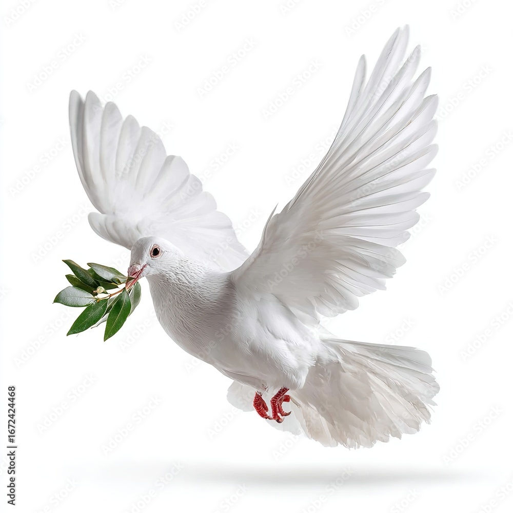Obraz premium A white dove with an olive branch in its beak soars gracefully against a clean white background, symbolizing peace and hope.