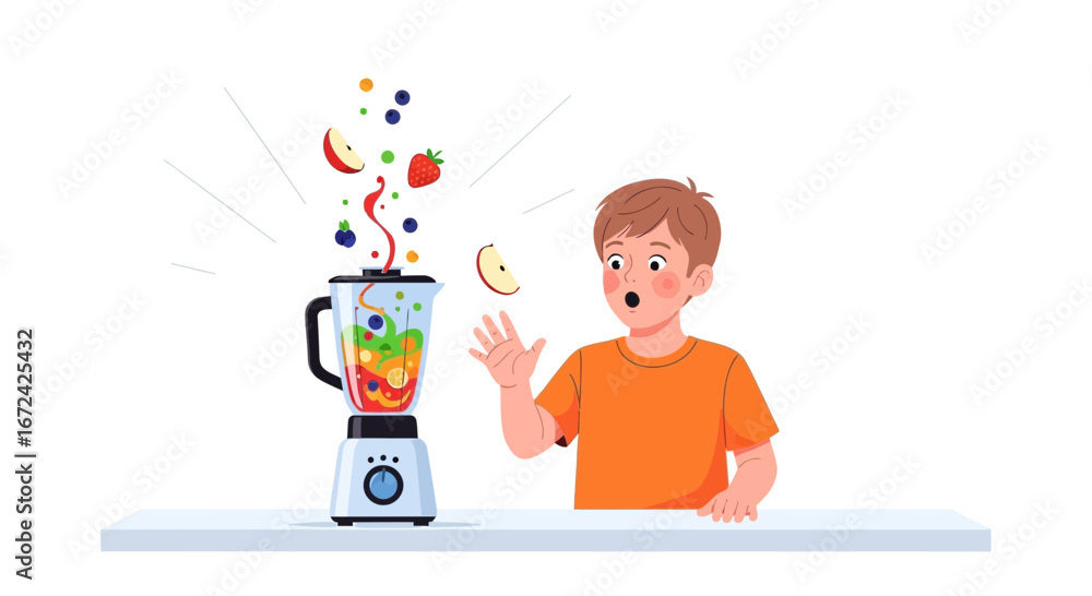 Fototapeta premium Astonished Boy Witnessing Smoothie Ingredients Ejecting From Blender In Fruity Explosion