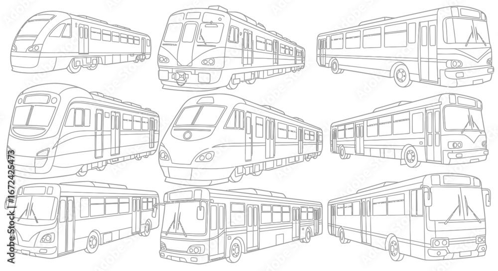 Fototapeta premium Public Transportation Vehicles Collection Including Trains, Subway and Buses, Coloring Page, Isolated White Background