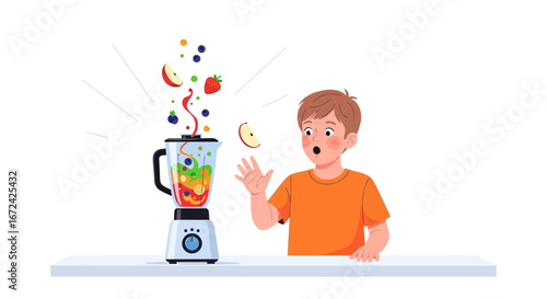 Astonished Boy Witnessing Smoothie Ingredients Ejecting From Blender In Fruity Explosion