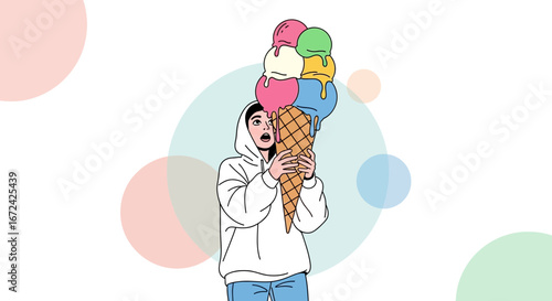 Astonished Person Holding Enormous Ice Cream Cone with Colorful Spheres on Plain Background
