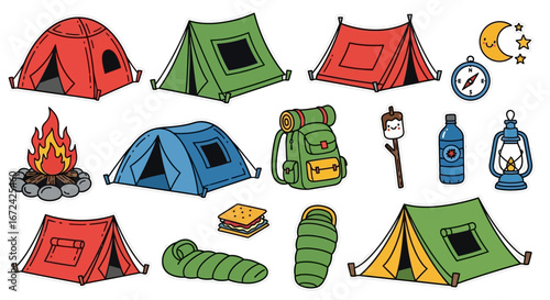 Essential Camping Equipment and Outdoor Adventure Gear Set, Coloring Page, Isolated White Background
