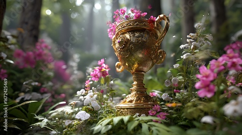 A golden trophy, shimmering in enchanted light, surrounded by lush greenery and blooming flowers in a magical forest setting, capturing the aura of victory and naturea??s beauty