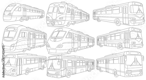 Public Transportation Vehicles Collection Including Trains, Subway and Buses, Coloring Page, Isolated White Background