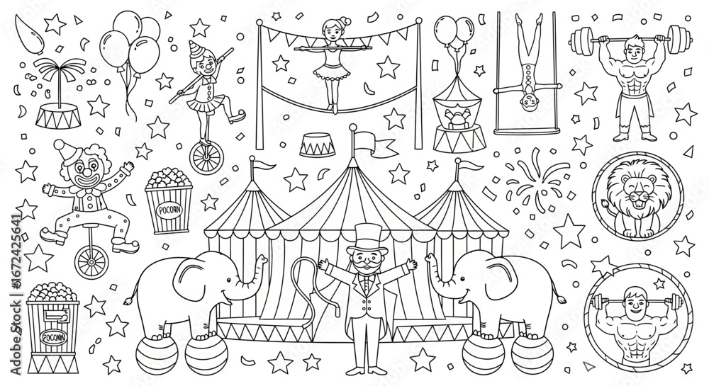 Naklejka premium Happy Circus Show Elements with Animals and Performers, Coloring Page for Kids, Isolated White Background