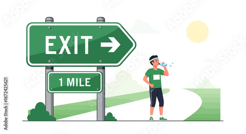 Athlete Drinks Water Near Exit Sign During Marathon Training Run Road