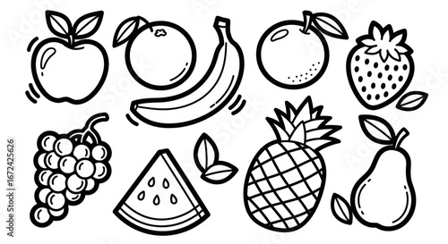 Fresh Delicious Fruit Collection for Healthy Eating, Coloring Page, Isolated White Background