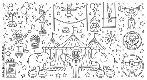 Happy Circus Show Elements with Animals and Performers, Coloring Page for Kids, Isolated White Background