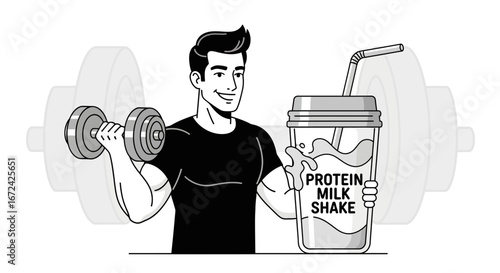 Athlete Exercising With Dumbbell And Drinking Protein Milk Shake For Workout Health