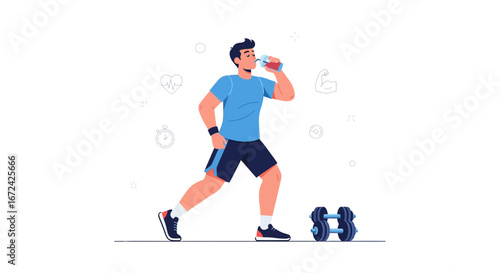 Athlete Hydrating After Workout, Fitness Routine Illustrated in Modern, Clean Style