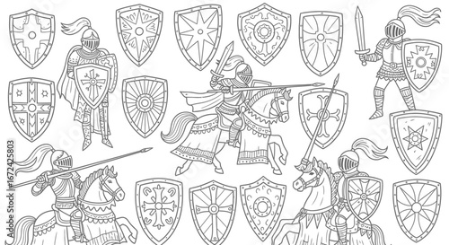 Medieval Knights in Armor with Swords and Shields, Riding Horses and Standing, Isolated White Background